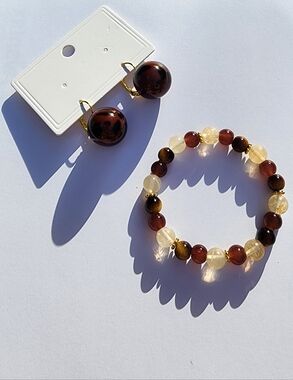 Brown Cream Beaded Bracelet and Earrings Set